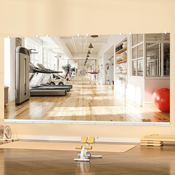 Hasipu Home Gym Mirror, 48"x24" Each, 4-Pack Frameless Wall Mounted Mirrors with Glass Clamps & 2 Aluminum Rail, Large Body Mirror for Home Gym, Yoga Studio, Bedroom, Silver Tempered Glass