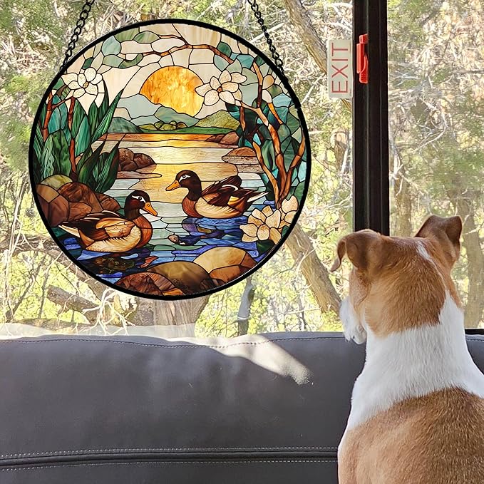 Stained Glass Window Hanging, Ducks in The Pond Sun Catcher for Door Home Decor Landscape Plant Suncatcher Christmas Mother's Day Birthday Gifts for Women Men Mom Nana 9.8 in