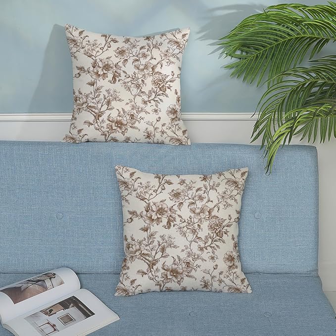 Brown Pillow Covers 20x20 Set of 2 Brown and Cream Floral Chinoiserie Throw Pillows Vintage Rustic Toile Flower Decorative Pillow Cases Outdoor Chinoiserie Decor Cushion Case for Couch Sofa