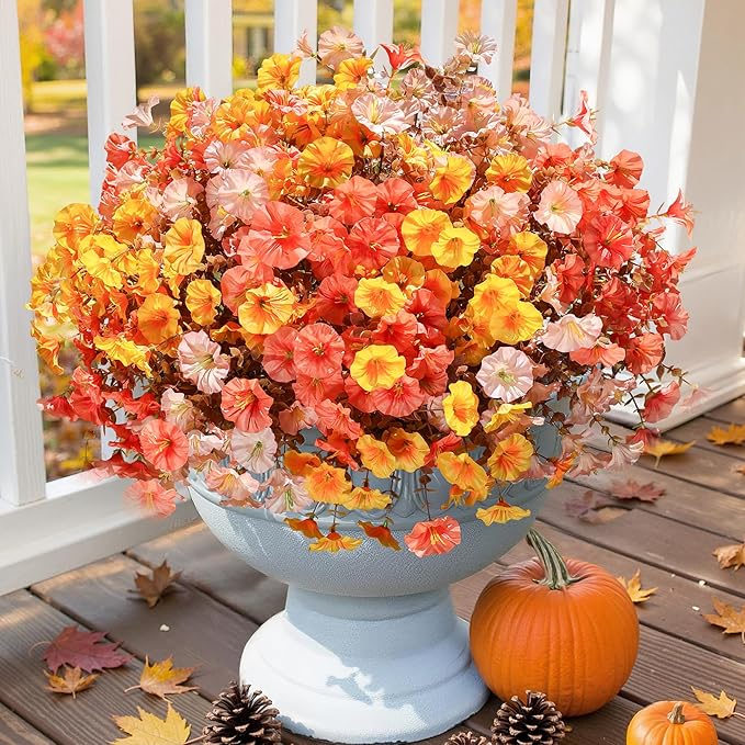 Fake Mums Fall Artificial Flowers Plants for Outdoors Autumn Decoration, 12 Bundles Silk Morning Glory with Eucalyptus Realistic UV Resistant Faux Mums for Outside Planter Yard Garden Home Indoor, Mix