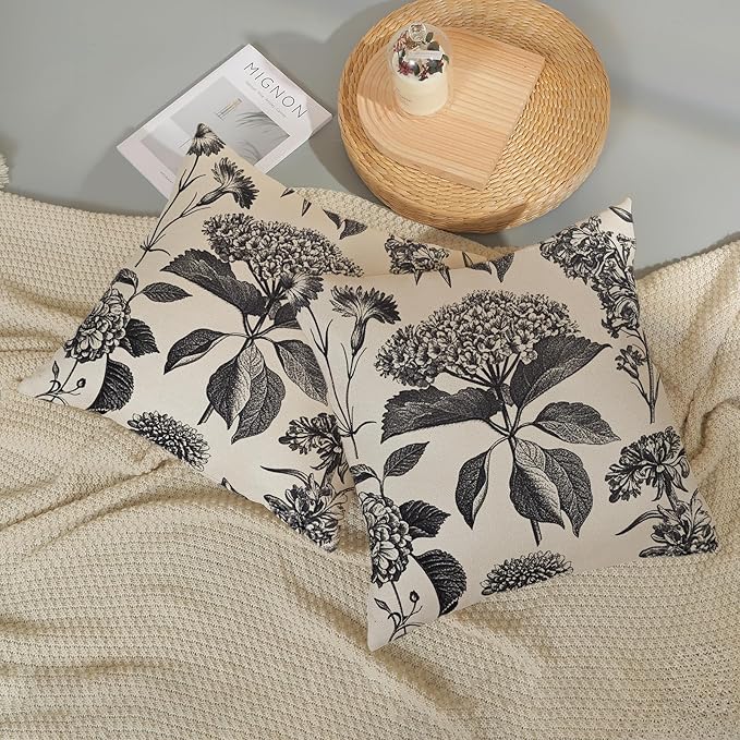 Black Pillow Covers 18x18 Set of 2 Vintage Boho Floral Hydrangea Herbs Botanical Throw Pillow Cover Outdoor Flower Decoration Pillowcase Linen Farmhouse Cushion Case Decorative for Couch Sofa