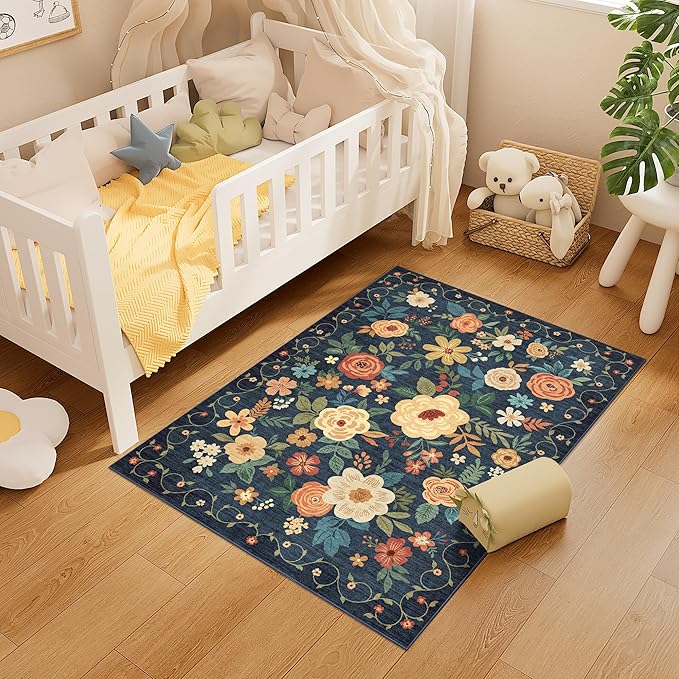 DUKINO 3x4 Area Rug, Lightweight Non Slip Washable Floral Rug, Indoor Low Pile & Non-Shedding Boho Design Carpets for Bedroom, Kitchen, Dining Room, Navy Blue