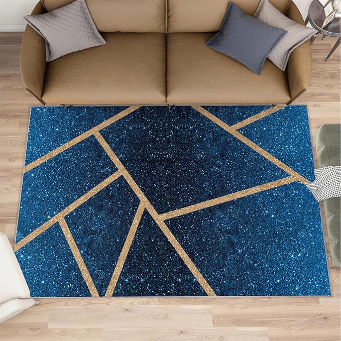 Abstract Marble Rug Navy Blue Marble Area Rug Blue Starry Geometric Area Rugs Gold Lined Geometric Shapes Rugs Modern Minimalist Carpet for Living Room Bedroom 5x8ft