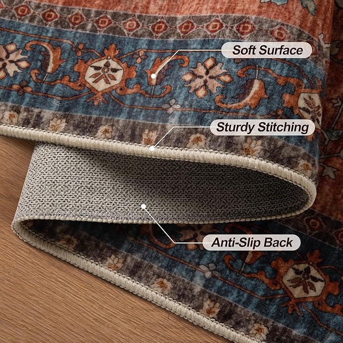 Tangsoo 2x6 Washable Runner Rug for Hallways, Non Slip Vintage Runner Rug, Soft Low Pile Long Rug Runner, Print Distressed Carpet Runners for Kitchen Bedroom Entryway Bathroom Living Room Terracotta