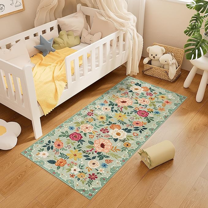 DUKINO 2x5 Runner Rug for Hallway, Washable Kitchen Floral Runner Rug with Non Slip Backing, Low Pile Soft Boho Carpet for Kitchen, Hallway, Entryway, Laundry, Bedroom, Green