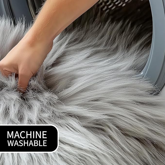 4 x 6 ft Fluffy Gray Rug – Cozy Faux Fur Rug for Bedroom, Living Room, or Nursery – Soft Faux Sheepskin Decor Accent