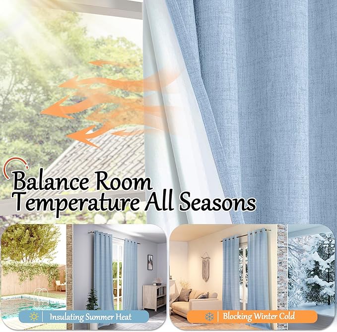 Baby Blue Linen Blackout Curtains for Nursery 63 Inch Length 2 Panels Set, Thermal Insulated Boho Total Black Out Noise Reducing Bonzer Grommets Window Curtains for Kids Bedroom, Each 38 Inch Wide