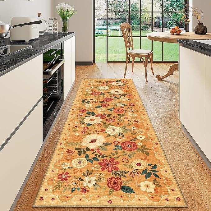 DUKINO 2x6 Runner Rug for Hallway, Washable Kitchen Runner Rug with Non Slip Backing, Low Pile Soft Boho Floral Runner for Kitchen, Hallway, Entryway, Laundry, Bedroom, Orange