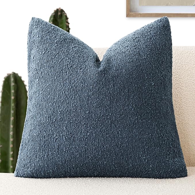 Foindtower Decorative Textured Boucle Throw Pillow Covers Accent Solid Pillow Cases Neutral Soft Cozy Couch Cushion Case for Chair Sofa Bedroom Living Room Home Decor 24x24 Inch,1PC,Dark Blue