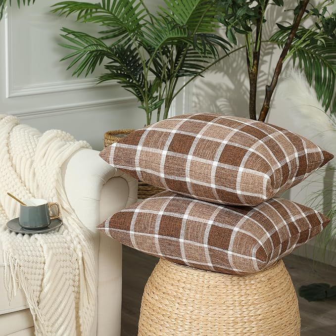 Stellhome Pack of 2 Fall Linen Buffalo Check Decorative Throw Pillow Covers, Autumn Farmhouse Plaid Cushion Covers Rustic Retro Decor for Couch Sofa Living Room, 20x20 Inch, Chocolate