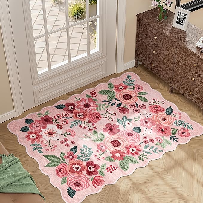 DUKINO 2x3 Entryway Rug, Floral Washable Indoor Door Mat with Non-Slip Backing, Soft Low Pile Small Front Door Throw Rugs for Entryway, Kitchen, Bedroom, Laundry, Bathroom,Pink