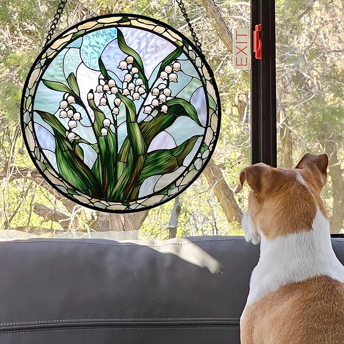 Stained Glass Window Hanging, White Green Lily of The Walley Flowers Sun Catcher for Door Home Decor Plants Suncatcher Christmas Mother's Day Birthday Gifts for Women Men Mom Nana 15 in
