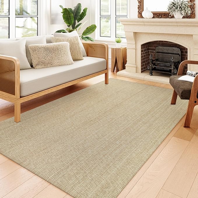 Collive Boho Living Room Rugs 5X8 ft, Washable Area Rug Woven Cotton Modern Bedroom Rugs, Tan Floor Carpet Braided Rug for Dining Room Living Room Nursery Room, Outdoor Rug for Patio Balcony Decor