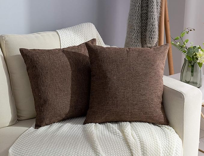 Stellhome Fall Burlap Throw Pillow Covers Square Solid Farmhouse Linen Cushion Covers for Bed Couch Sofa Bench, 26 x 26 inch (65 cm), Brown, Set of 2