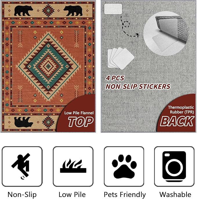 Cabin Rug 4x5 - Bear Southwestern Aztec Area Rugs for Bedroom Living Room, Rustic Western Machine Washable | Non-Slip | Soft Carpets, Native American Room Decor (Orange Tan Black)