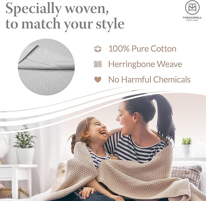 Threadmill Luxury Cotton Blankets for King Size Bed | All-Season Cozy 100% Cotton King Size Blanket | Herringbone Soft Fall Thermal Blanket fits California King Size Bed | Light Grey