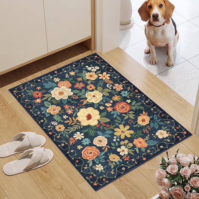 DUKINO 2x3 Rugs for Entryway, Floral Indoor Washable Door Mat, Non Slip Boho Small Rug for Kitchen, Soft Low Pile Front Door Throw Rug for Entrance, Bedroom, Kitchen, Laundry, Bathroom, Dark Blue
