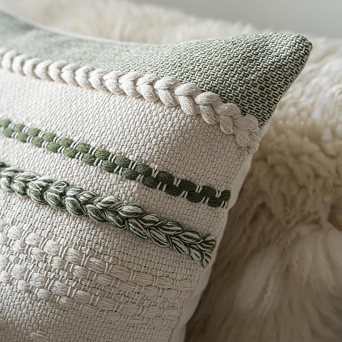 Boho Throw Pillow Covers 18x18 Inch Set of 2, Green Textured Decorative Couch Pillow Cases for Farmhouse Home Decor, Accent Cushion Cover for Sofa, Bed, Living Room, Bedroom