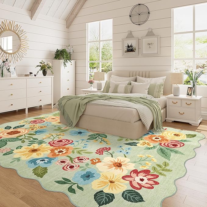 DUKINO 5x7 Area Rug, Floral Washable Rugs for Living Room with Non Slip Backing & Non-Shedding, Lightwight Low Pile Boho Design Large Carpets for Bedroom, Living Room, Dining Room, Green