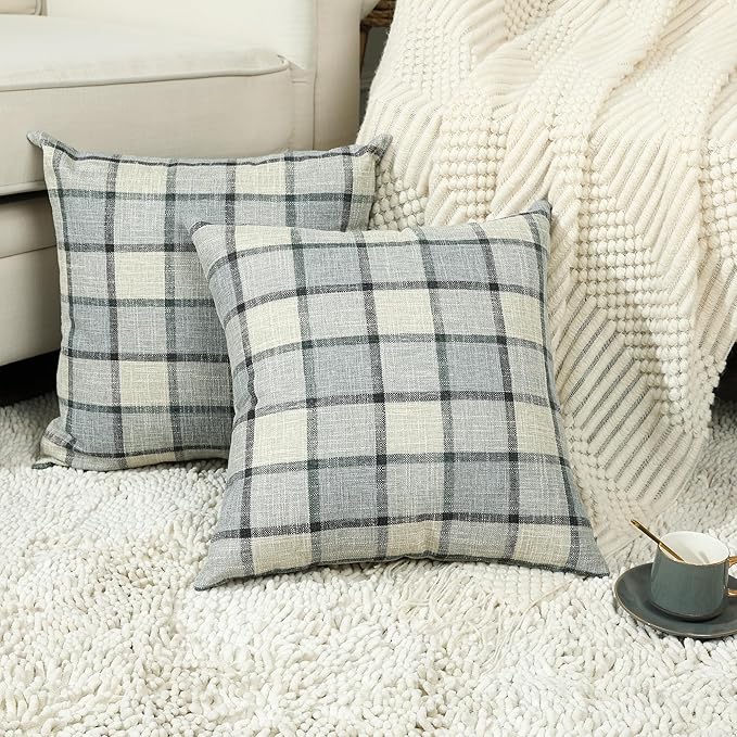 Stellhome Pack of 2 Linen Buffalo Check Decorative Throw Pillow Covers, Farmhouse Plaid Cushion Covers Rustic Retro Decor for Couch Sofa Living Room, 20x20 Inch, Light Grey