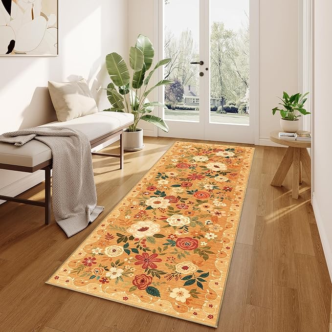 DUKINO Runner Rug, 2x10 Kitchen Hallway Carpet, Washable with Non-Slip Backing, Low Pile Soft Boho Floral for Entryway, Laundry, Bedroom, Orange
