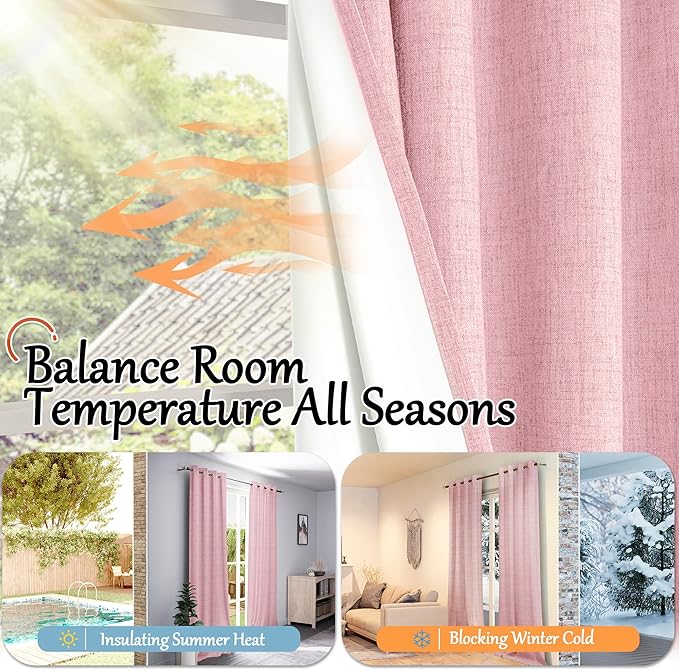 Baby Pink Linen Blackout Curtains for Nursery 63 Inch Length 2 Panels Set, Thermal Insulated Boho Total Black Out Noise Reducing Bonzer Grommets Window Curtains for Girls Bedroom, Each 52 Inch Wide