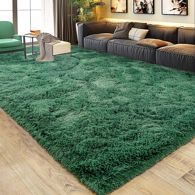 8x10 Large Area Rugs for Living Room, Ultra Fluffy Shag Rug for Bedroom, Modern Plush Soft Carpet for Girls Boys Kids Room Dorm Fuzzy Non Slip Rug for Home Decor Aesthetic, Dark Green