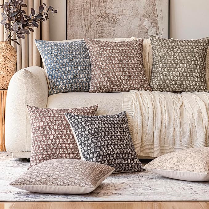 Foindtower Set of 2 Decorative Neutral Floral Print Throw Pillow Covers Vintage Accent Farmhouse Cushion Covers Boho Home Decor for Sofa Chair Couch Bedroom Living Room,18×18 Inch,Dusty Blue