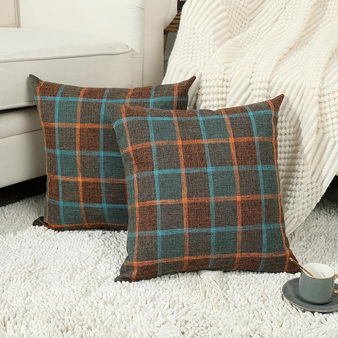 Stellhome Pack of 2 Fall Linen Buffalo Check Decorative Throw Pillow Covers, Farmhouse Plaid Cushion Covers Rustic Retro Decor for Couch Sofa Living Room, 20x20 Inch, Blue and Orange