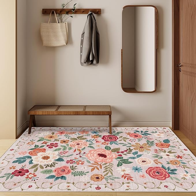 DUKINO 3x5 Area Rug, Floral Rugs for Entryway, Lightweight Non Slip Washable Rug, Indoor Low Pile & Non-Shedding Boho Design Rugs for Bedroom, Living Room, Dining Room, Kitchen, Beige