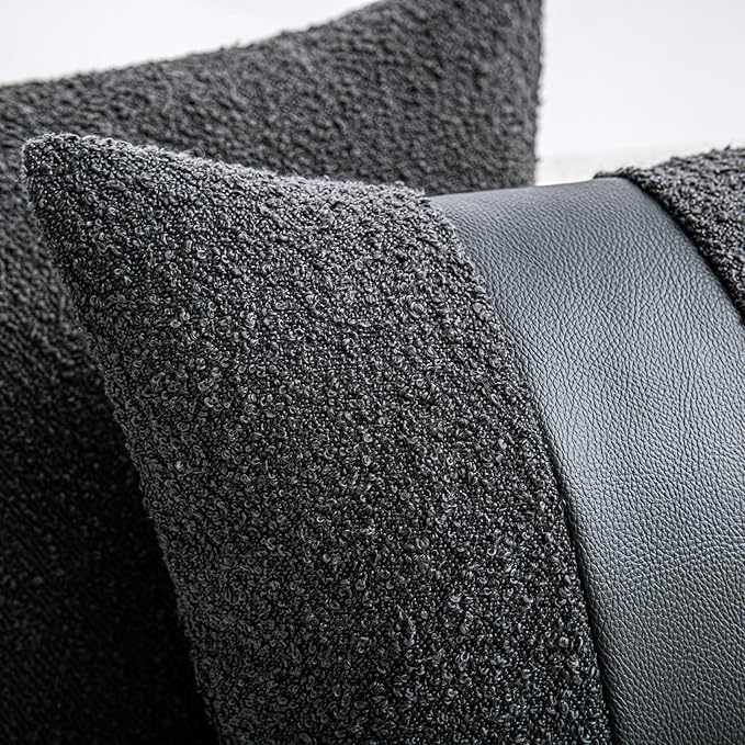 20"x20" Charcoal Black Boucle Throw Pillow Covers with Faux Leather Accents Set of 2 Fluffy Textured Decorative Pillow Cases for Couch Bed Boho Farmhouse Square Cushion Covers for Nordic Home