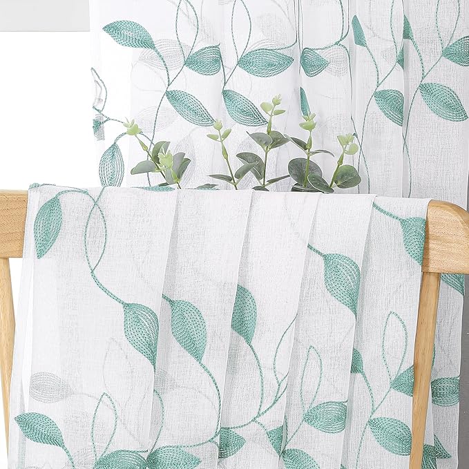 Tollpiz Teal Blue Leaf Sheer Curtains Leaves Embroidered Living Room Short Curtain Rod Pocket Voile Window Treatments for Bedroom, 54 x 45 inches Long, Set of 2 Panels