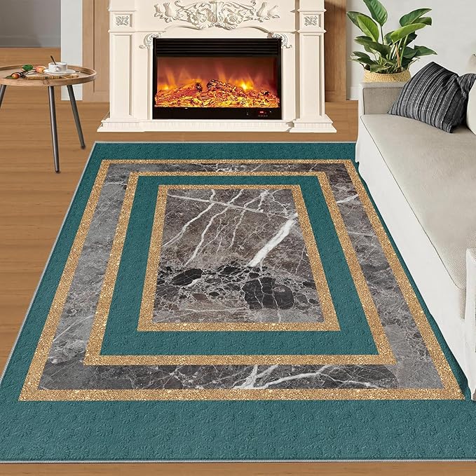 Emerald Green Marble Rug Luxury Teal Marble Area Rug Gilded Geometric Carpet Vintage Stone Crack Carpet for Bedroom Bedside Living Room 6x8ft