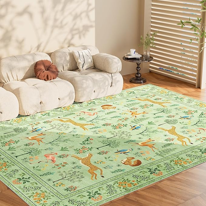 DUKINO 8x10 Rug, Washable Animal Living Room Rug with Non Slip Vintage Design, Soft Low Pile Large Carpet for Bedroom, Nursery, Dining Room, Farmhouse, Playroom, Light Green