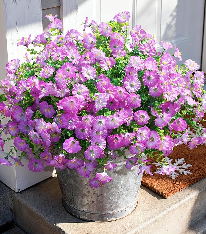 Artificial Flowers Fake Plants for Outdoors Decoration, 12 Bundles Purple Silk Morning Glory with Eucalyptus Realistic UV Resistant Faux Flowers Greenery for Outside Planter Yard Garden Home Indoor
