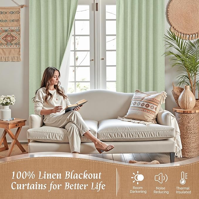LAMIT 100% Blackout Linen Curtains 84 Inches Long, Living Room Farmhouse Drapes Full Room Darkening Back Tab and Rod Pocket Panels with White Liner, 2 Panels, Light Green, 60 x 84 Inch