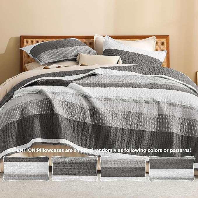 Litanika Quilt Queen Size Dark Grey, Stripe Patchwork Summer Bedspread Coverlet 3 Pieces, Soft Lightweight Microfiber Quilted Bedding Set for All Season(1 Quilt, 2 Pillowcases)