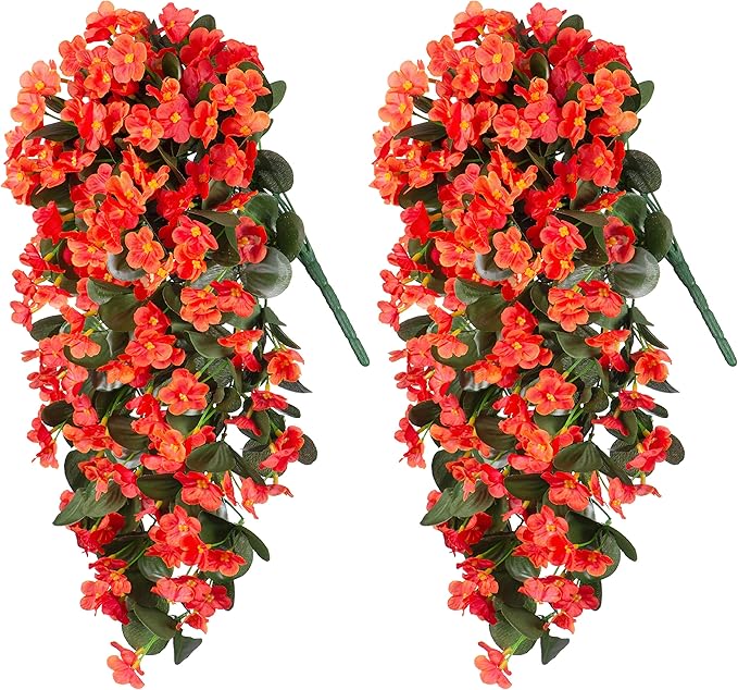 Artificial Fake Fall Hanging Flowers Plants for Outdoor Outside, 2PCS Faux Silk Orange Daisy Mums Trailing Vines UV Resistant Realistic Orchid for Autumn Front Door Porch Planter Patio Garden