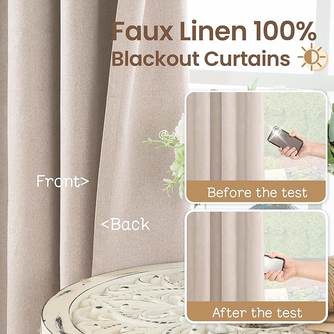 BGment 100% Long Blackout Curtains for Living Room 96 Inch Long - Linen Textured Thermal Insulated Total Sun Blocking Linen Look Burlap Color Window Drapes for Bedroom/Farmhouse, 2 Panels, 52 x 96