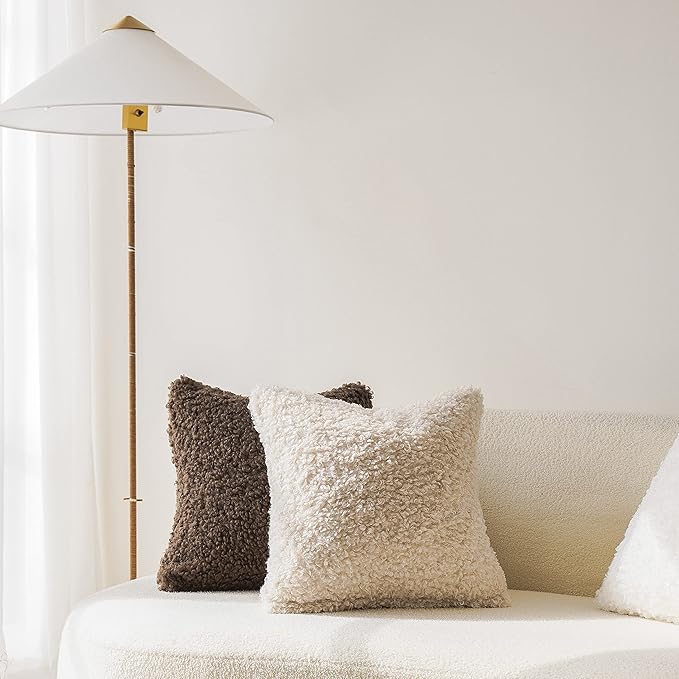 Foindtower Set of 2 Curly Teddy Wool Faux Fur Pillow Covers Decorative Boucle Textured Lumbar Throw Pillow Accent Pillowcases Sheepskin Cushion Case for for Chair and Couch 12"x20" Neutral Cream
