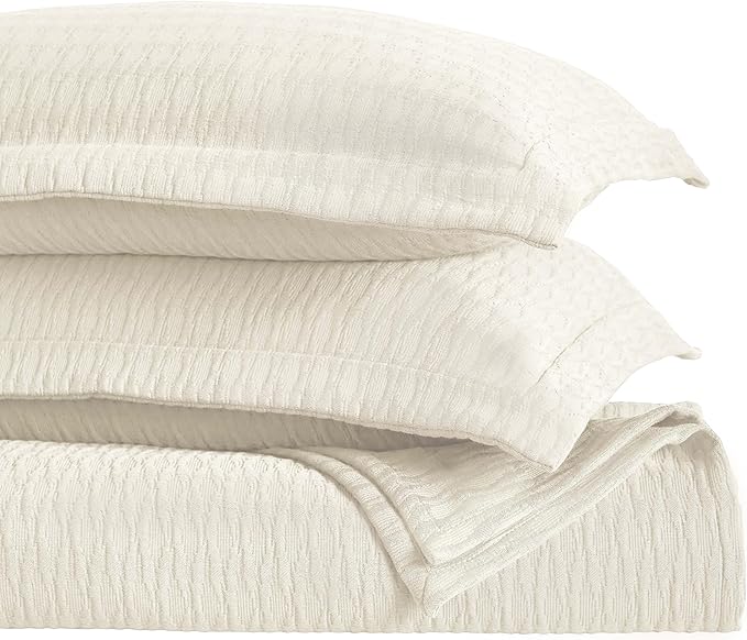 Superior 3 Piece Cotton Bedspread Set, Home Bed Decor, Decorative Bed Spread, 2 Pillow Shams, Medium Weight Blanket, Matelasse Coverlet, Bedding Essentials, Calvert Collection, Queen, Ivory