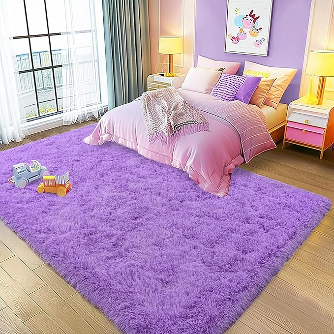 Ultra Fluffy Area Rugs for Living Room Bedroom, 6x9 Fuzzy Large Living Room Rugs, Thick Shag Rug for Dorm, Soft Non Slip Kids Girls Boys Rug for Home Decor Aesthetic, Purple