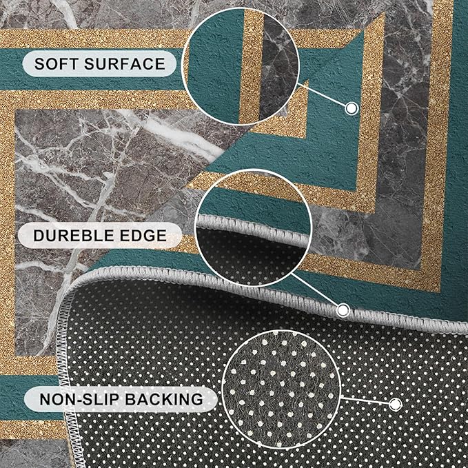 Emerald Green Marble Rug Luxury Teal Marble Area Rug Gilded Geometric Carpet Vintage Stone Crack Carpet for Bedroom Bedside Living Room 5x7ft