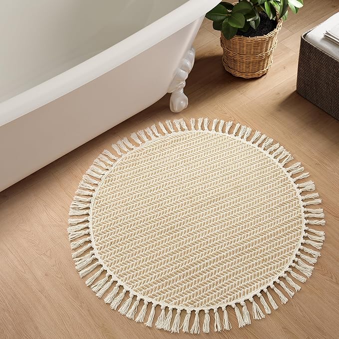 Lahome Boho Round Rug 3ft, Small Circle Rugs for Entryway Kitchen Cotton Washable Indoor Door Bath Mat with Tassels, Farmhouse Round Area Rug Non Shedding Circle Carpet for Bedroom Entry, Khaki