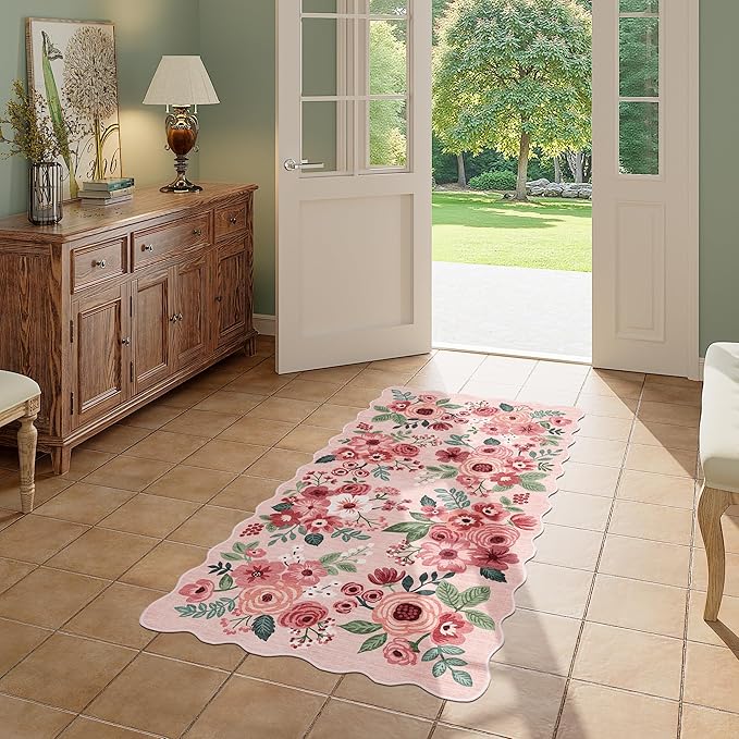 DUKINO 2x4 Washable Runner Rugs, Non Slip Floral Print Entryway Rug with Soft Low Pile, Lightweight Mat for Living Room, Bathroom, Bedroom, Kitchen, Pink