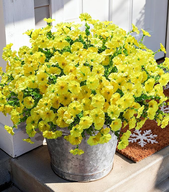 Artificial Flowers Fake Plants for Outdoors Decoration, 12 Bundles Yellow Silk Morning Glory with Eucalyptus Realistic UV Resistant Faux Flowers for Outside Planter Porch Yard Patio Garden Home Indoor