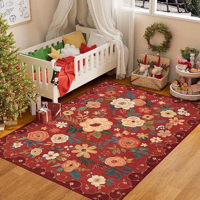 DUKINO 3x5 Area Rug, Floral Rugs for Living Room, Lightweight Non Slip Washable Rug, Indoor Low Pile & Non-Shedding Boho Design Rugs for Bedroom, Living Room, Dining Room, Red