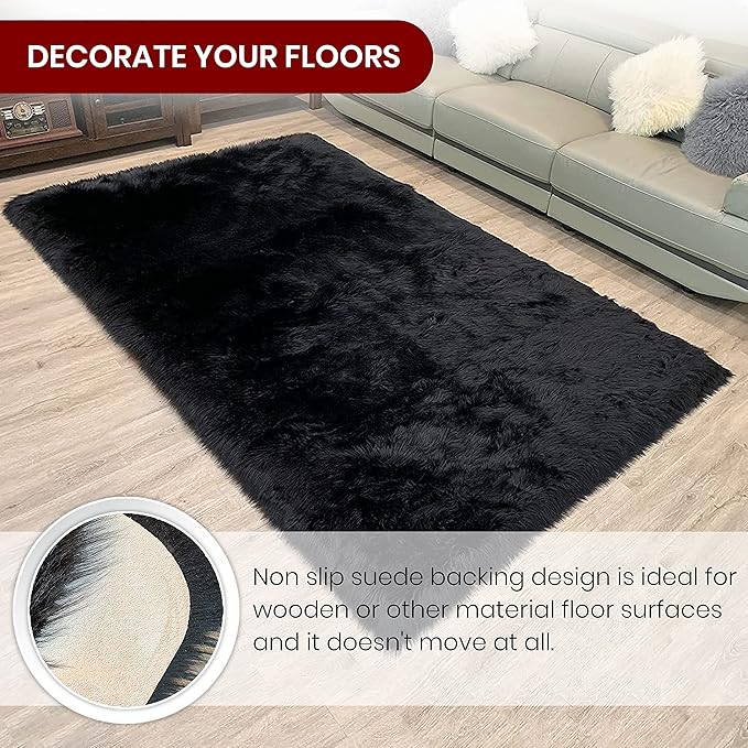 LAMBZY High Pile Super Fluffy Soft Faux Sheepskin Rug | Faux Sheepskin Rugs for Living Room Playroom Bedroom | Classic Super Soft to Touch Rug (5'x8', Black)