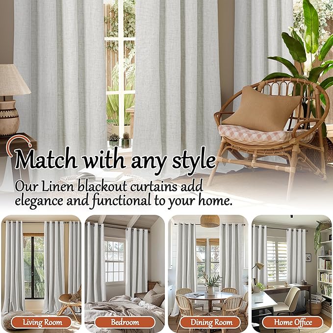 Lajode 60 Inch Wide Linen Blackout Curtains for Living Room/Bedroom 84 Inch Length 2 Panels, Total Black Out Thermal Insulated Soundproof Grommet Boho Window Drapes for Modern Farmhouse, Light Grey