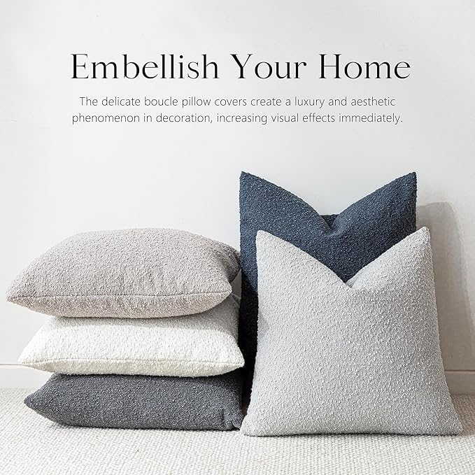 Foindtower Textured Boucle Throw Pillow Covers Accent Solid Pillow Cases Cozy Soft Decorative Couch Cushion Case for Chair Sofa Bedroom Living Room Home Decor, 18 x 18 Inch,Light Grey